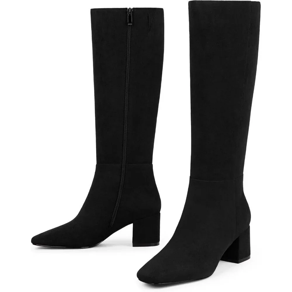 Women's Suede Black Knee High Boots Square Toe Tall Chunky Heel Rubber